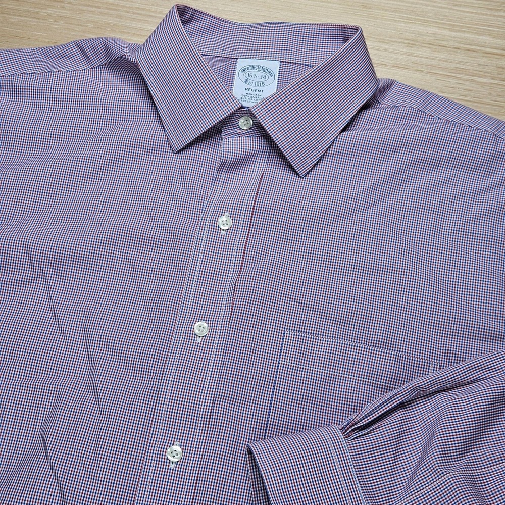 Brooks Brothers Dress Shirt Mens 16.5 Red Blue Check Regent Non-Iron Cotton
